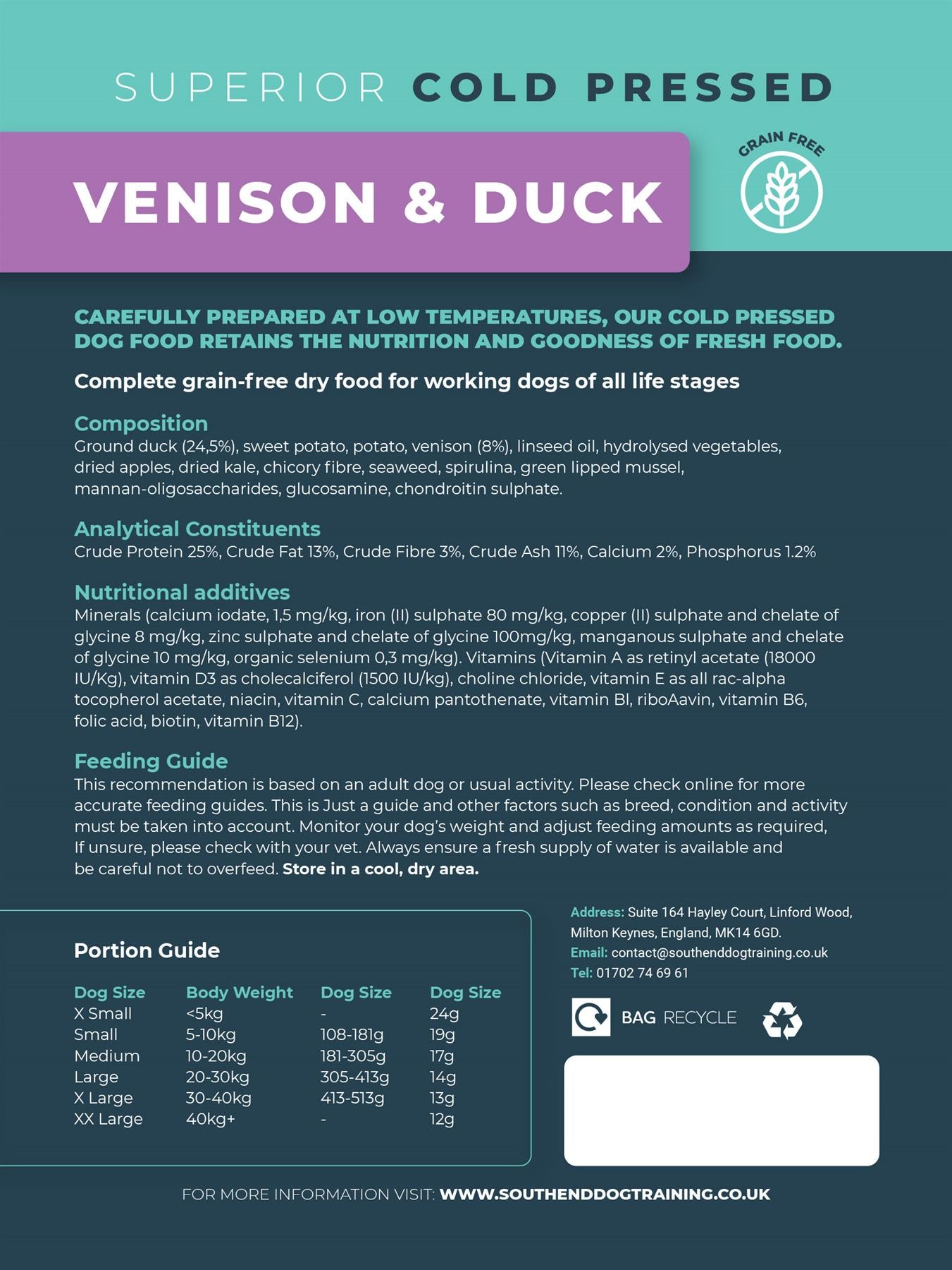Southend Dog Nutrition Cold Pressed Venison & Duck 3kg
